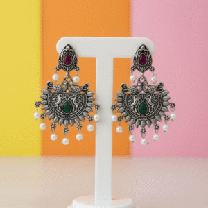 Oxidised Premium Earrings Green Red Stone