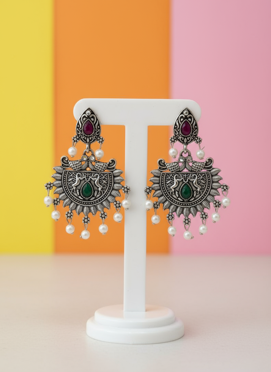 Oxidised Premium Earrings Green Red Stone