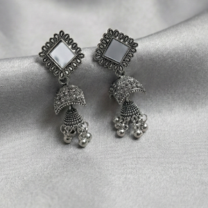 Silver Oxidised Jhumka with Mirror Glass